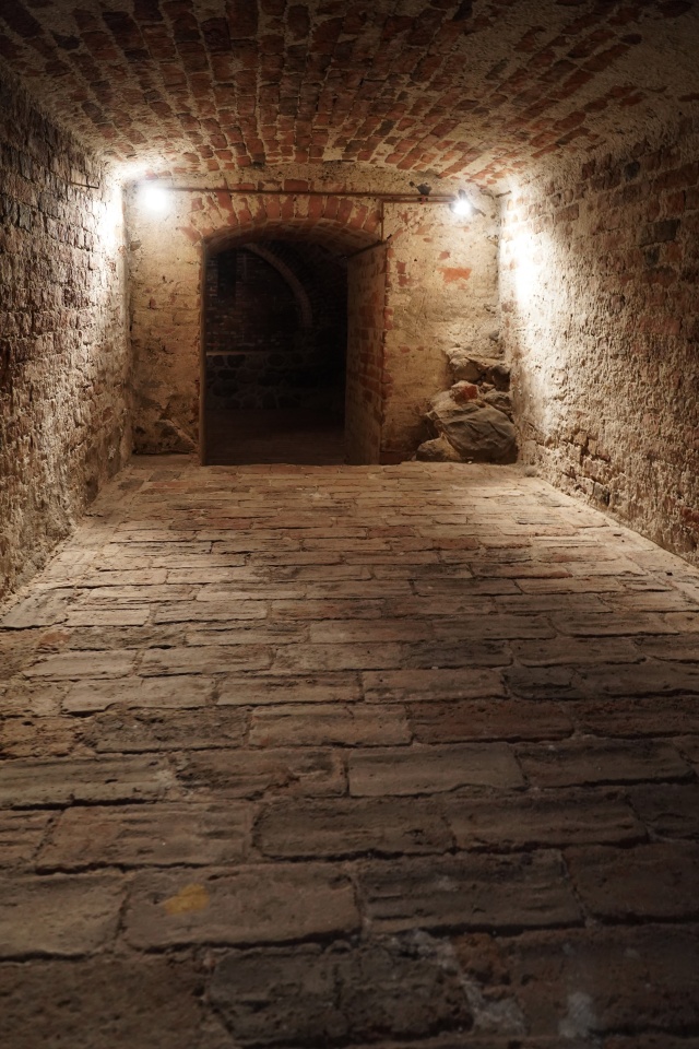 Wnętrze krypty średniowiecznej - widok ku wschodowi, dobrze widoczna posadzka z cegły i flizów oraz relikty kamiennych fundamentów kościoła